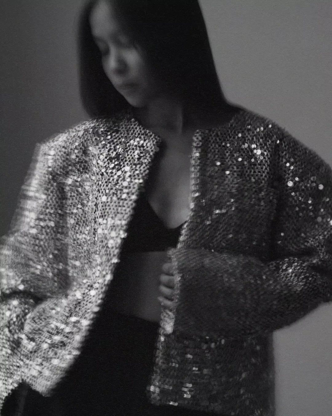 Black and white sequin jacket hotsell